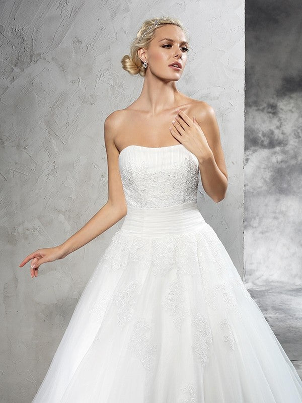 Ball Gown Strapless Applique Sleeveless Long Satin Wedding Dresses