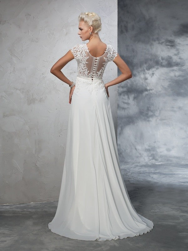 A-Line/Princess Sheer Neck Applique Short Sleeves Long Chiffon Wedding Dresses