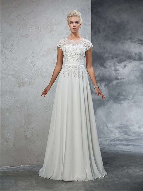 A-Line/Princess Sheer Neck Applique Short Sleeves Long Chiffon Wedding Dresses