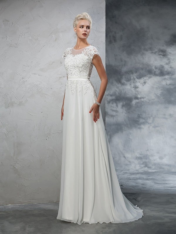 A-Line/Princess Sheer Neck Applique Short Sleeves Long Chiffon Wedding Dresses