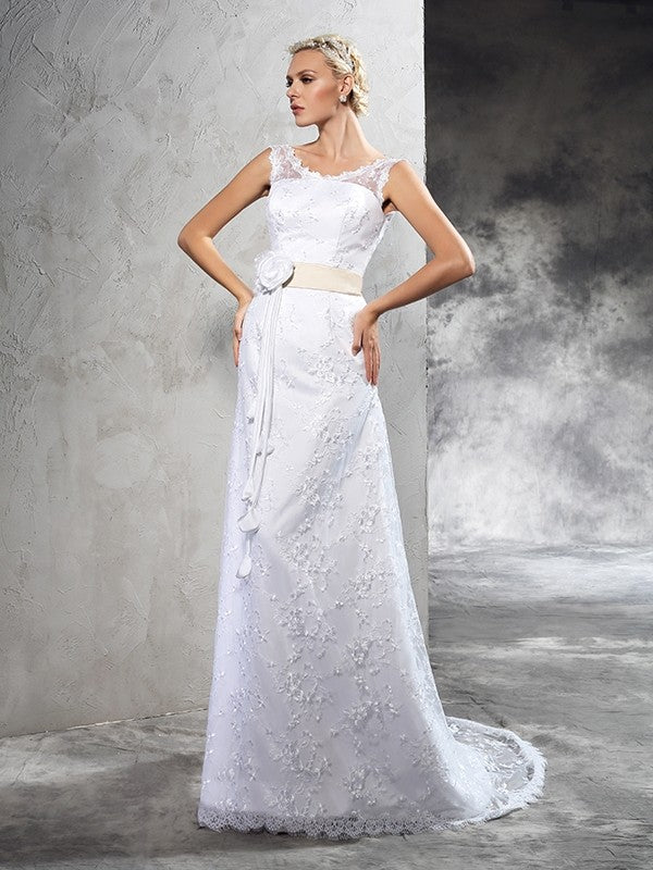 Sheath/Column Sheer Neck Hand-Made Flower Sleeveless Long Satin Wedding Dresses