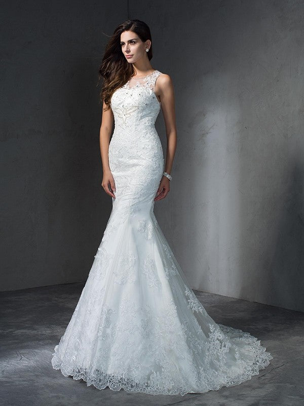 Trumpet/Mermaid Scoop Applique Sleeveless Long Lace Wedding Dresses