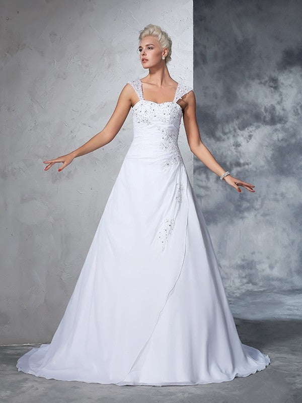 Ball Gown Straps Applique Sleeveless Long Chiffon Wedding Dresses