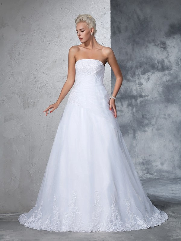 Ball Gown Strapless Applique Sleeveless Long Net Wedding Dresses