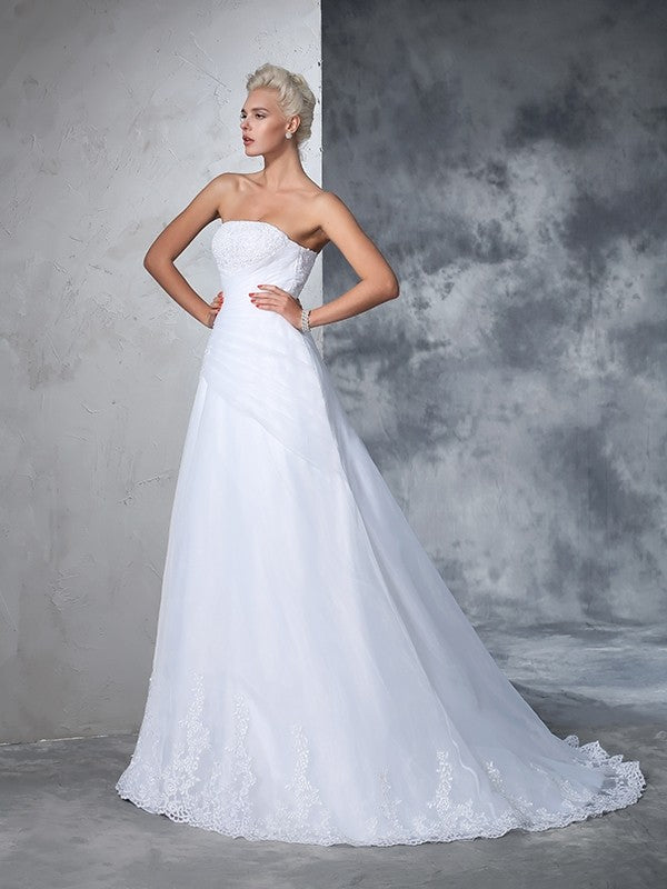 Ball Gown Strapless Applique Sleeveless Long Net Wedding Dresses