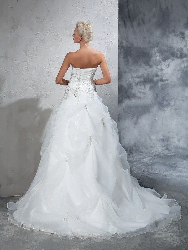 Ball Gown Strapless Beading Sleeveless Long Organza Wedding Dresses