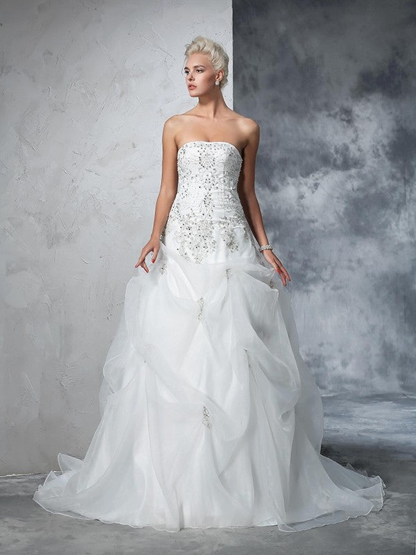 Ball Gown Strapless Beading Sleeveless Long Organza Wedding Dresses
