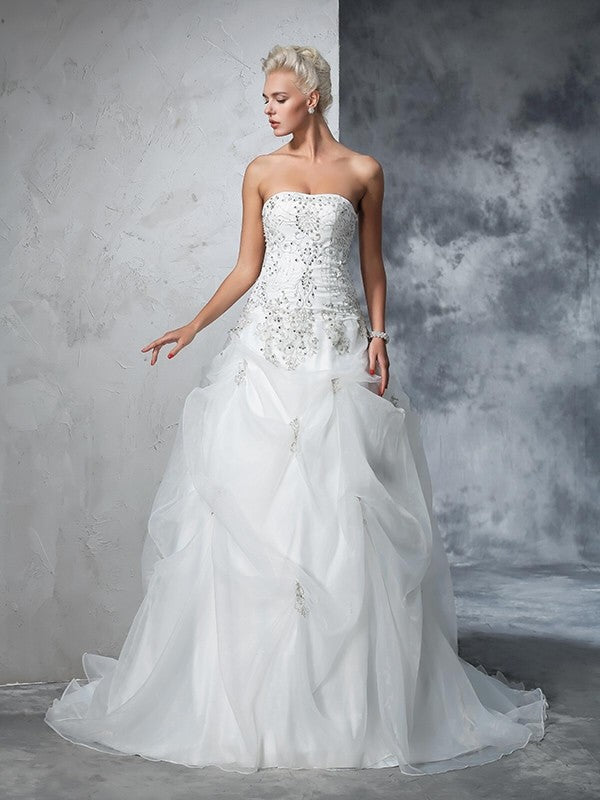 Ball Gown Strapless Beading Sleeveless Long Organza Wedding Dresses