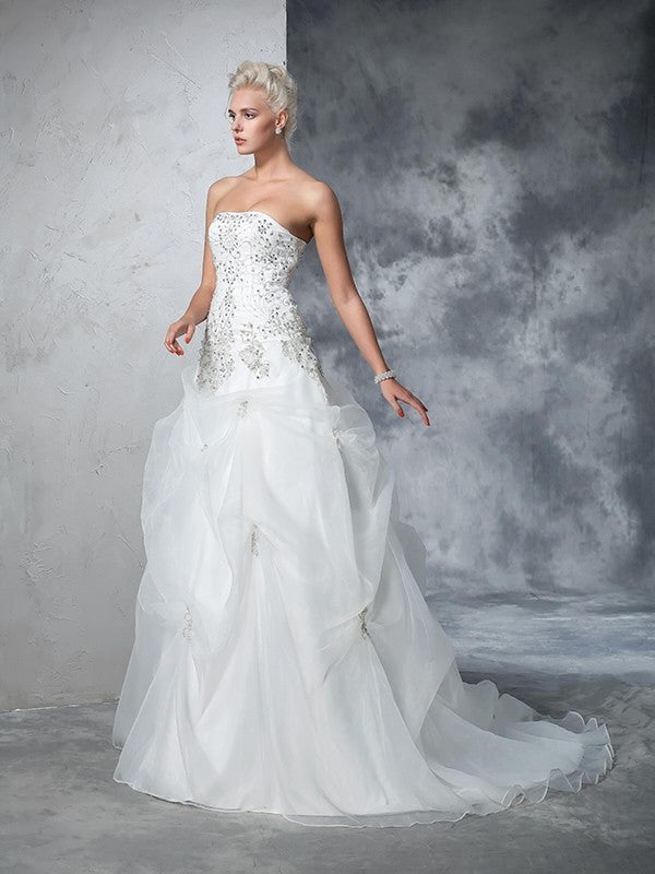 Ball Gown Strapless Beading Sleeveless Long Organza Wedding Dresses