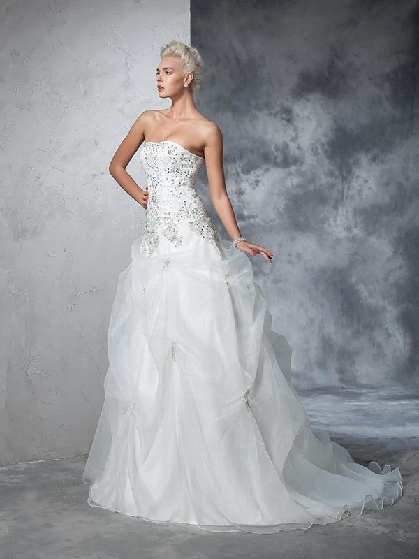 Ball Gown Strapless Beading Sleeveless Long Organza Wedding Dresses