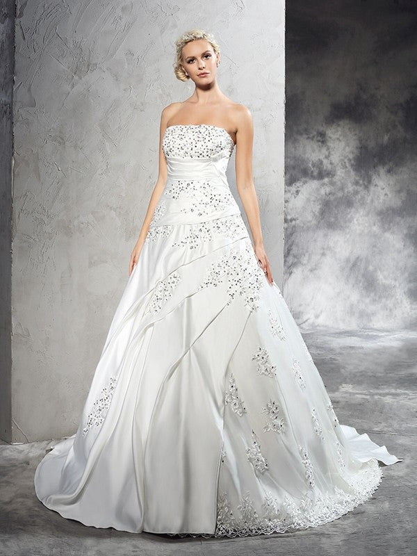 Ball Gown Strapless Beading Sleeveless Long Satin Wedding Dresses