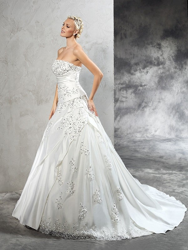 Ball Gown Strapless Beading Sleeveless Long Satin Wedding Dresses