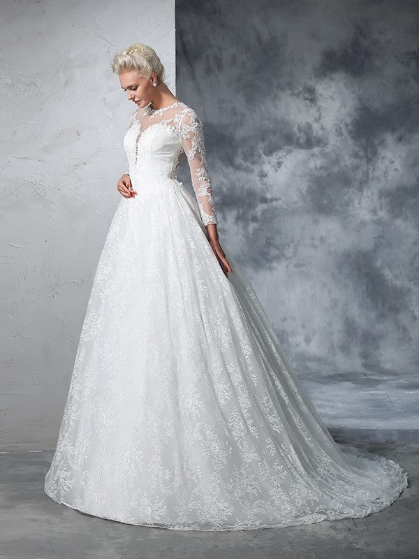 Ball Gown Jewel Lace Long Sleeves Long Lace Wedding Dresses