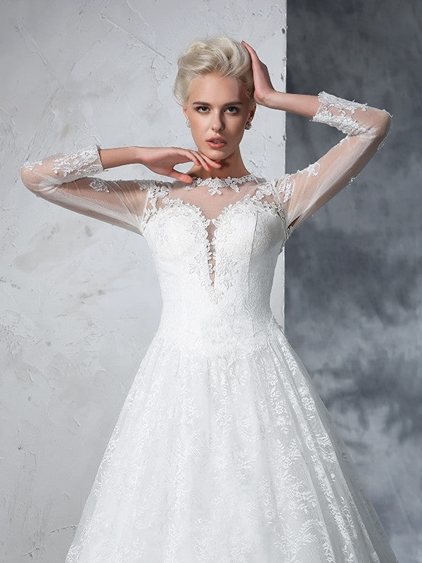 Ball Gown Jewel Lace Long Sleeves Long Lace Wedding Dresses