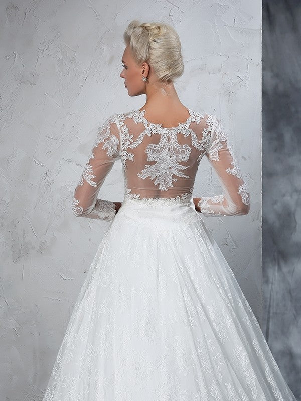 Ball Gown Jewel Lace Long Sleeves Long Lace Wedding Dresses