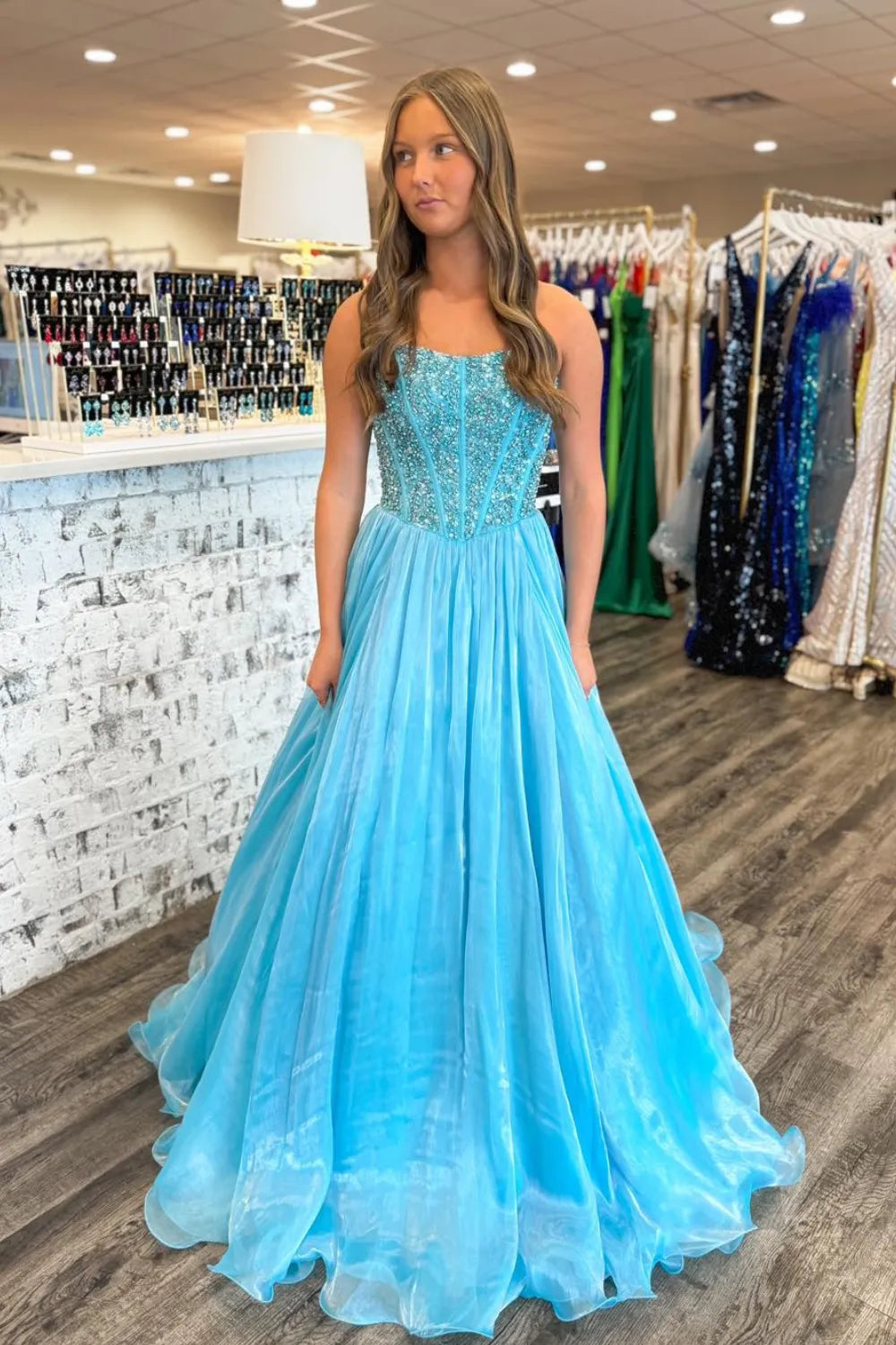 A-Line Beaded Long Prom Dress with Detachable Sleeves