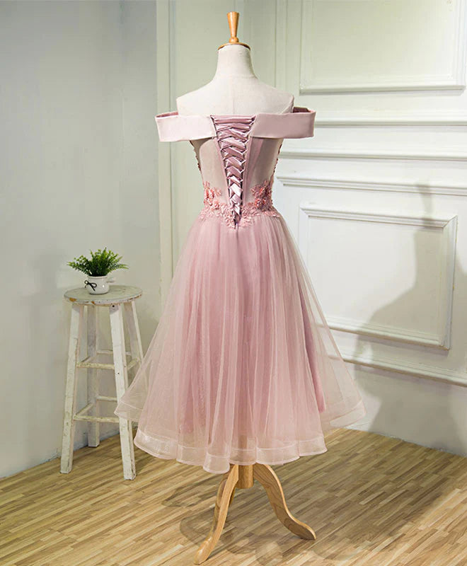 A Line Off Shoulder Tea Length Prom Dress