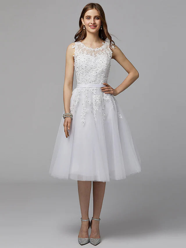 DingjiA-Line Elegant Floral Homecoming Prom Dress Illusion Neck Sleeveless Tea Length Lace Satin with Beading Appliques