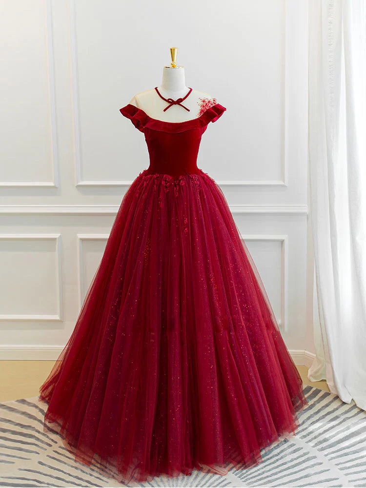 Round Neck Tulle Lace Long Prom Dress Burgundy Evening Dress