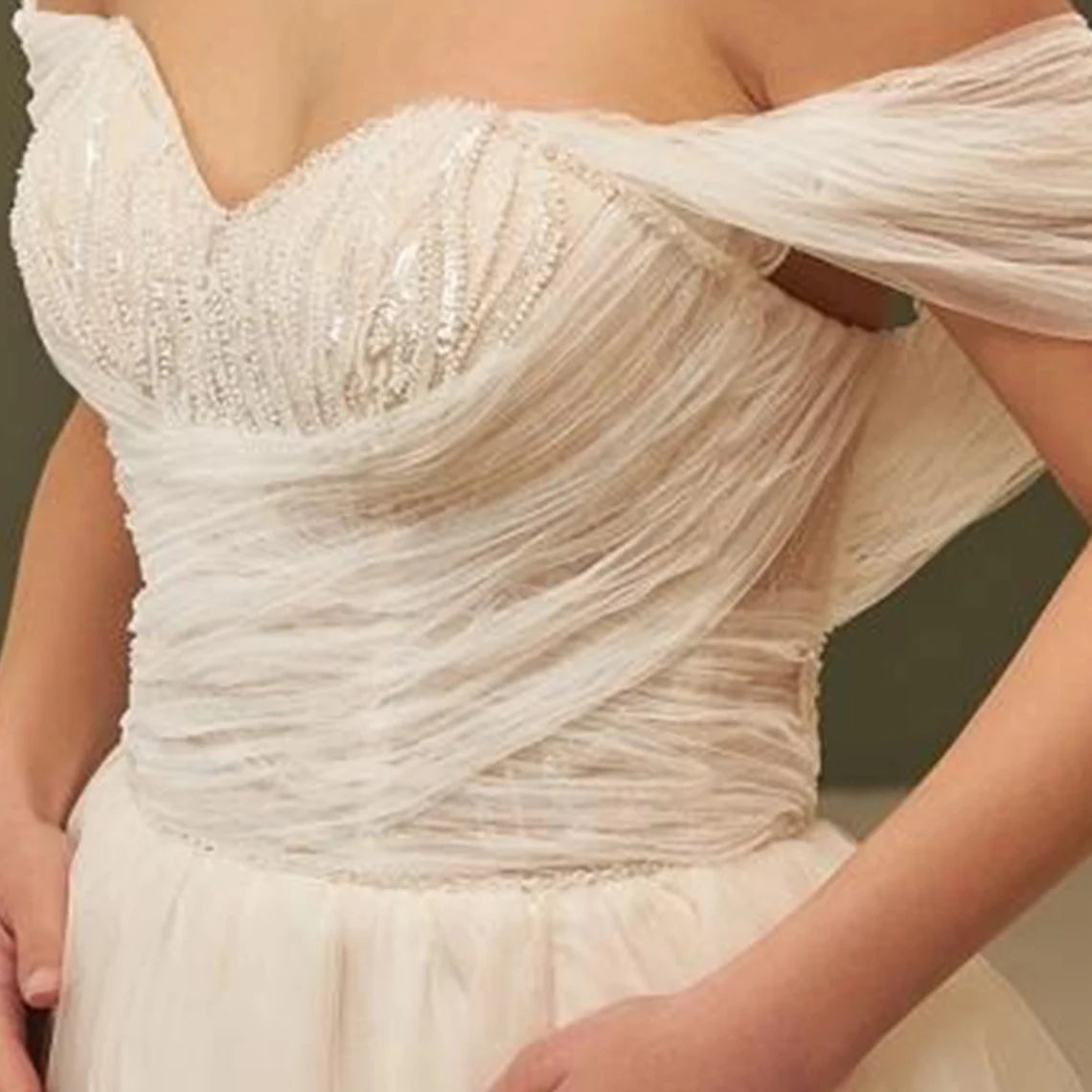 Unique Boho Off Shoulder Wedding Dress High Split Beach Boho Wedding Gown Sparkling Bridal Gown Fairy Tulle Bridal Dress