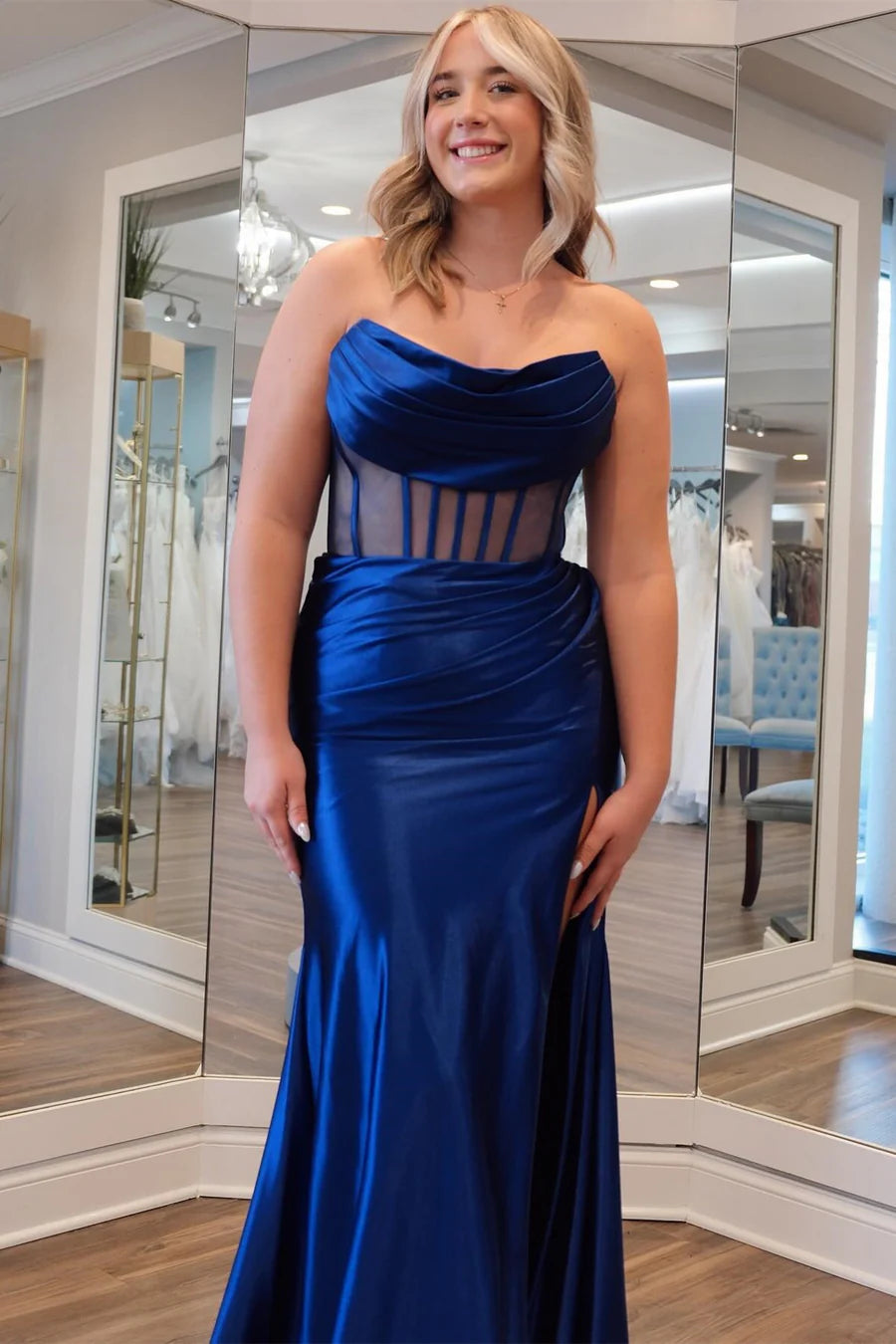 Strapless Sheer Bodice Mermaid Long Formal Dress