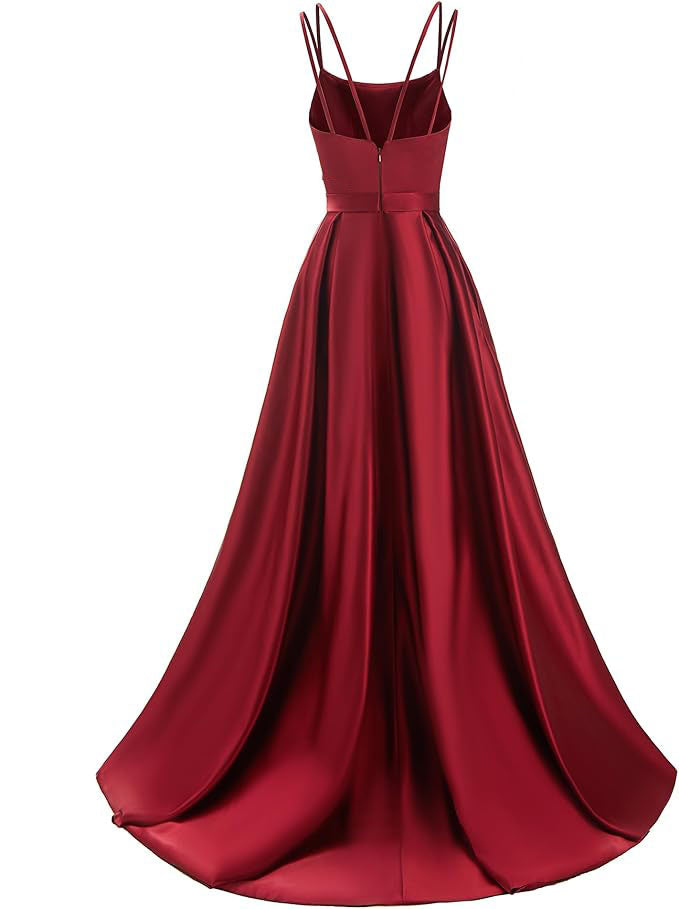 Satin Prom Dresses Long Ball Gown  A Line Spaghetti Straps Pleated Formal Evening Dress