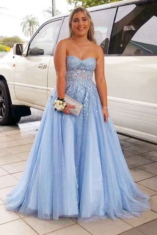 Floral Lace Strapless A-Line Prom Dress