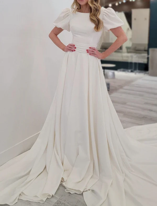 A-line Puff Sleeves Satin Sweeping Long Wedding Dress