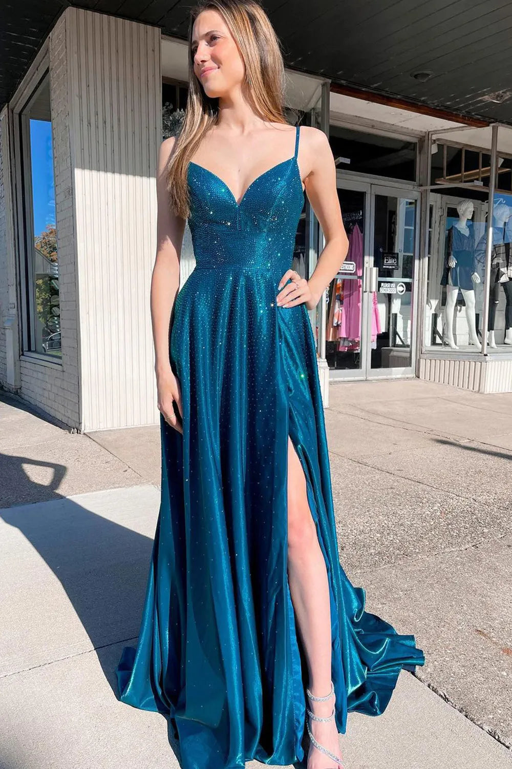 A Line Spaghetti Straps Peacock Blue Long Prom Dress with