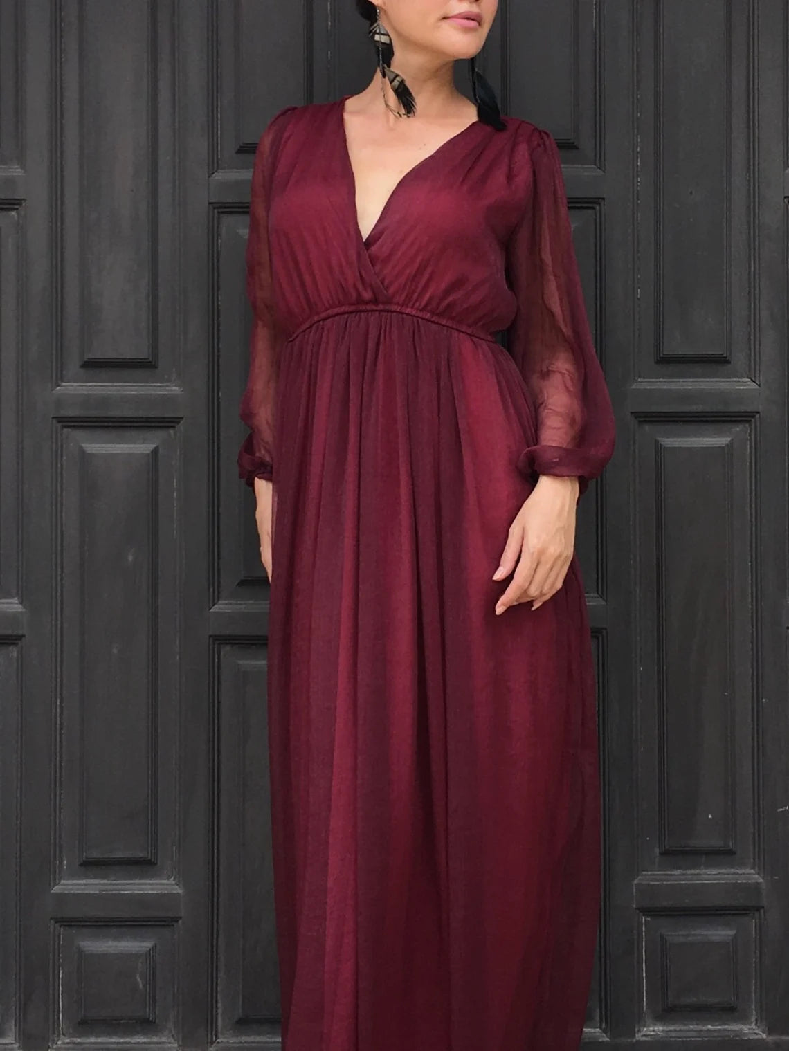 Red burgundy dress chiffon long sleeve v neck long maxi dress all size