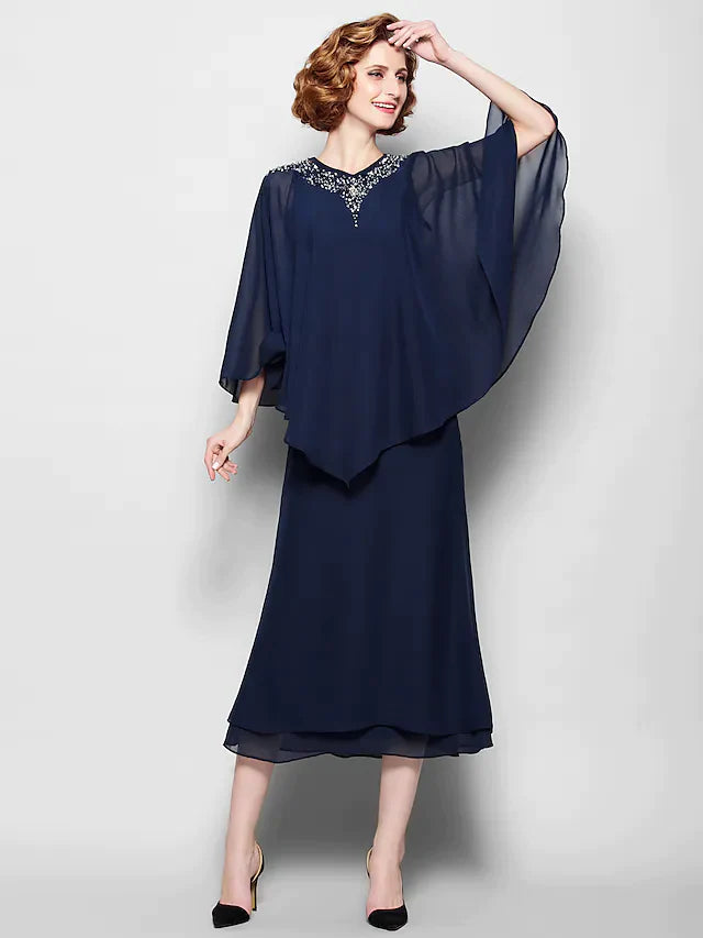 Mother of the Bride Dress V Neck Tea Length Chiffon 3/4 Length Sleeve with Crystals Beading