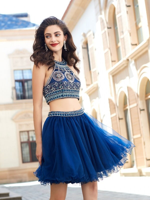 A-Line/Princess Jewel Sleeveless Beading Short/Mini Net Dresses