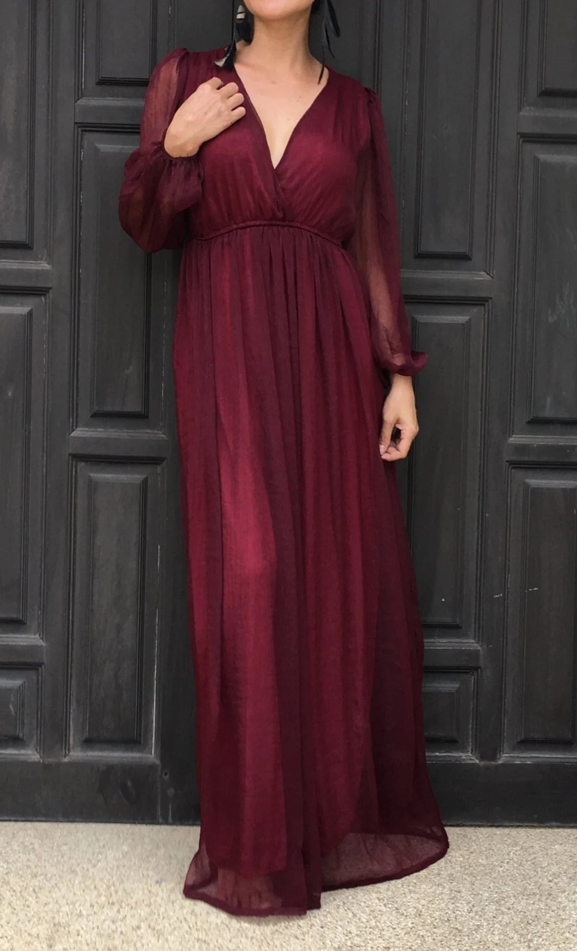 Red burgundy dress chiffon long sleeve v neck long maxi dress all size