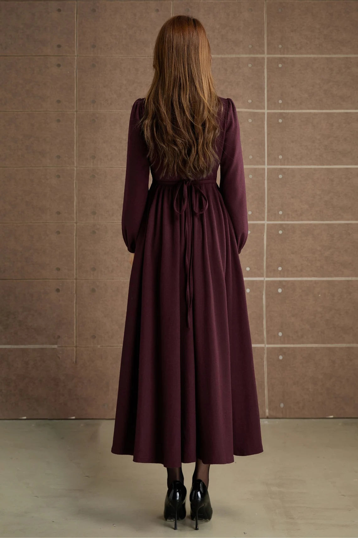 Womens Burgundy Long wool dress Autumn winter dress Fit and flare dress Swing dress Retro dress Prom dress