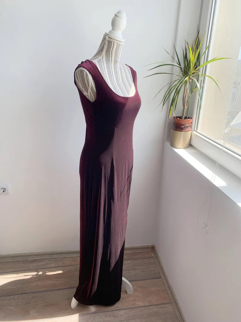 Vintage Prom Dress Velvet Maxi Dress Size Burgundy Slip Prom Dress