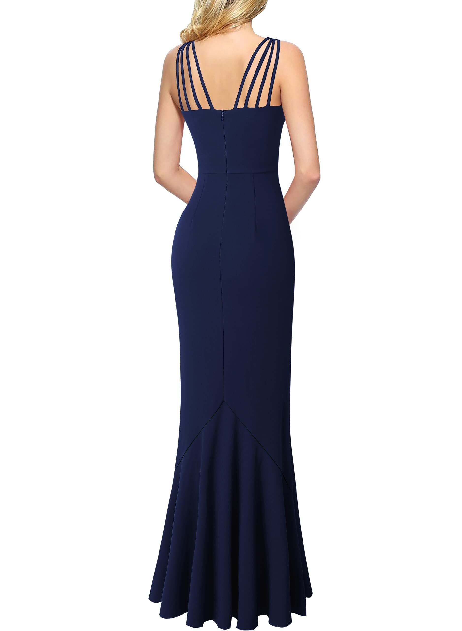 Dark Blue Womens Formal Spaghetti Strap Ruffles Split Mermaid Evening Prom Maxi Dress