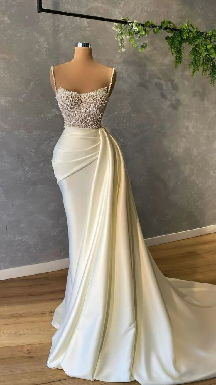 Spaghetti Straps Ivory Prom Dress Pearl Wedding Dress Formal Evening