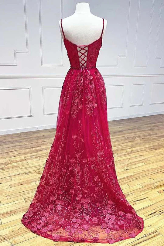 Floral Lace V-Neck Lace-Up A-Line Prom Dress