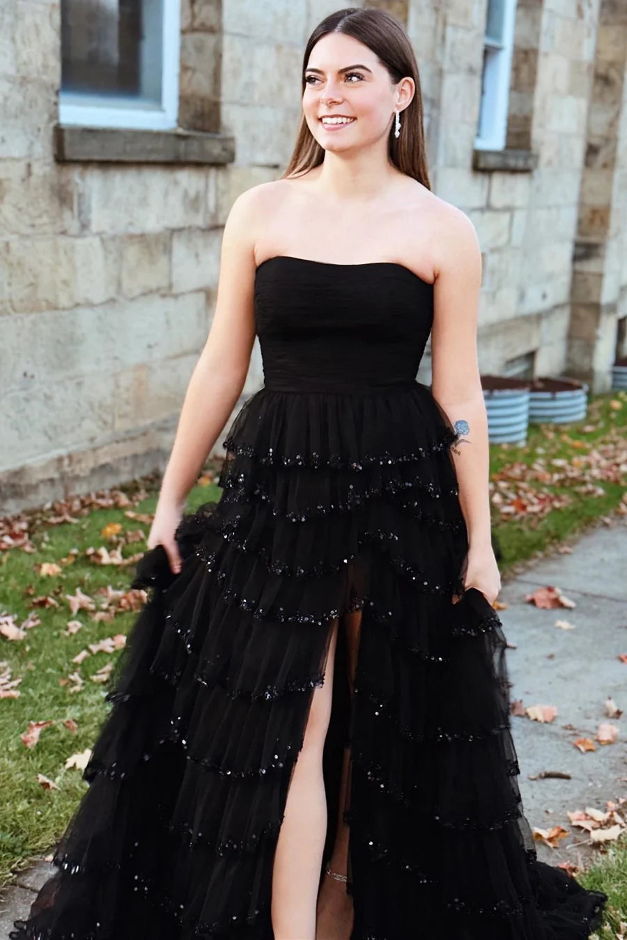 Tulle Strapless Ruffle Beaded Long Prom Dress with Slit