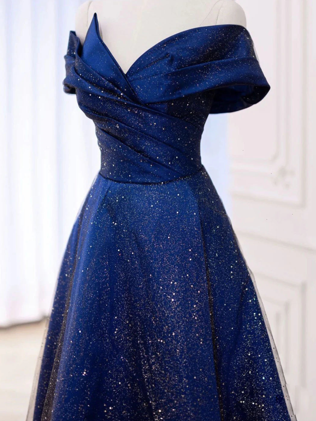 Tulle Satin Dark Blue Long Prom Dress Blue Formal Evening Dress