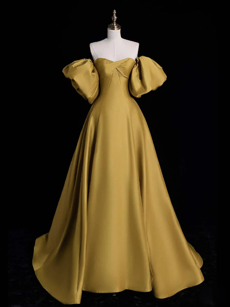 Yellow A-line Satin Long Prom Dress
