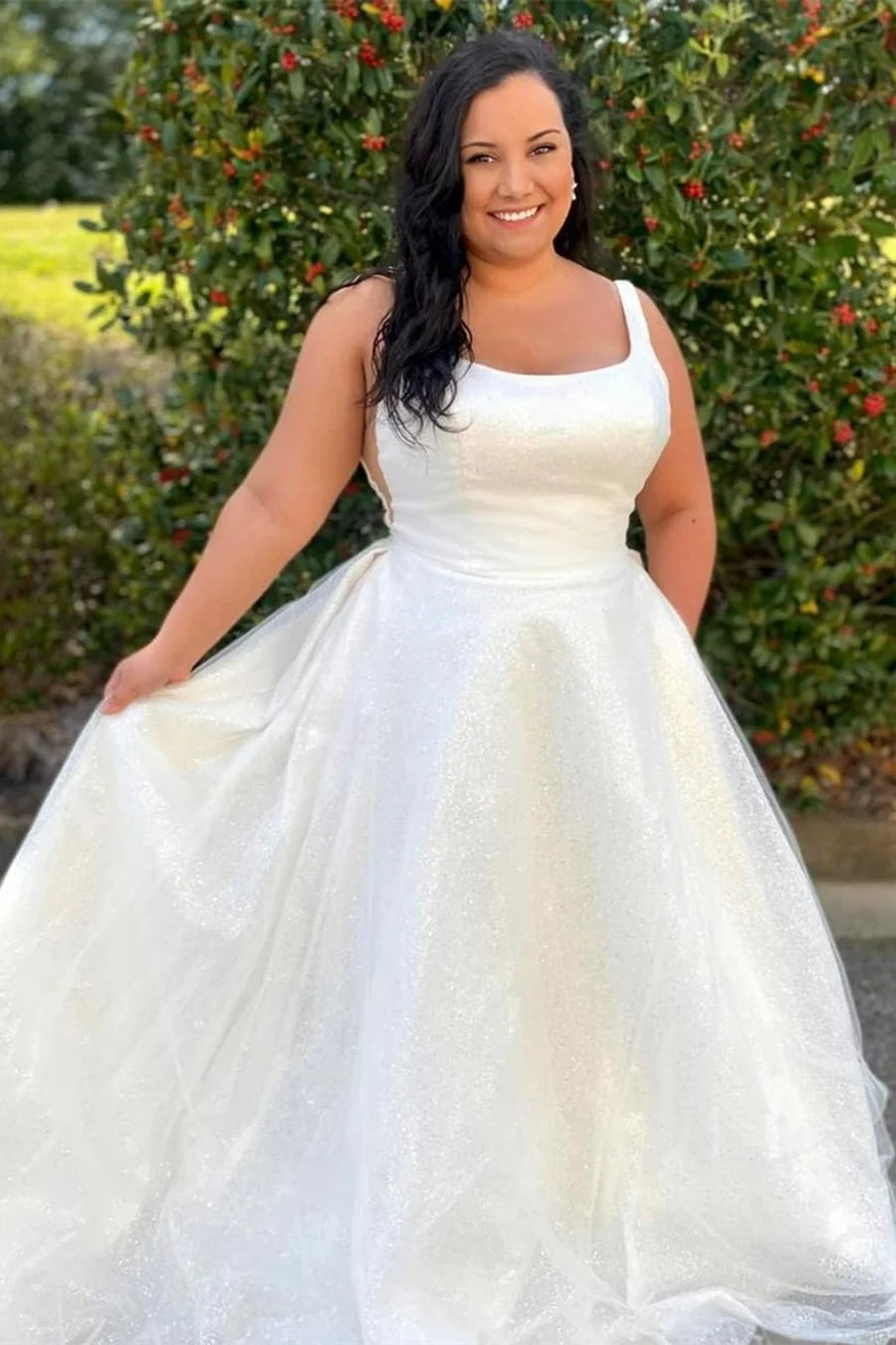 Glittery Square Neck Backless A-Line Long Wedding Dress