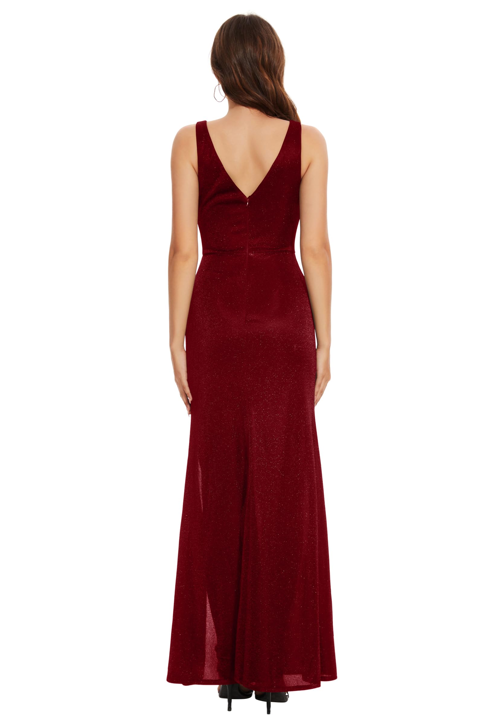 Burgundy V Neck Mermaid Prom Dress with Slit Long Cocktail Dress for Women Split Ruching Wedding Guests Dress