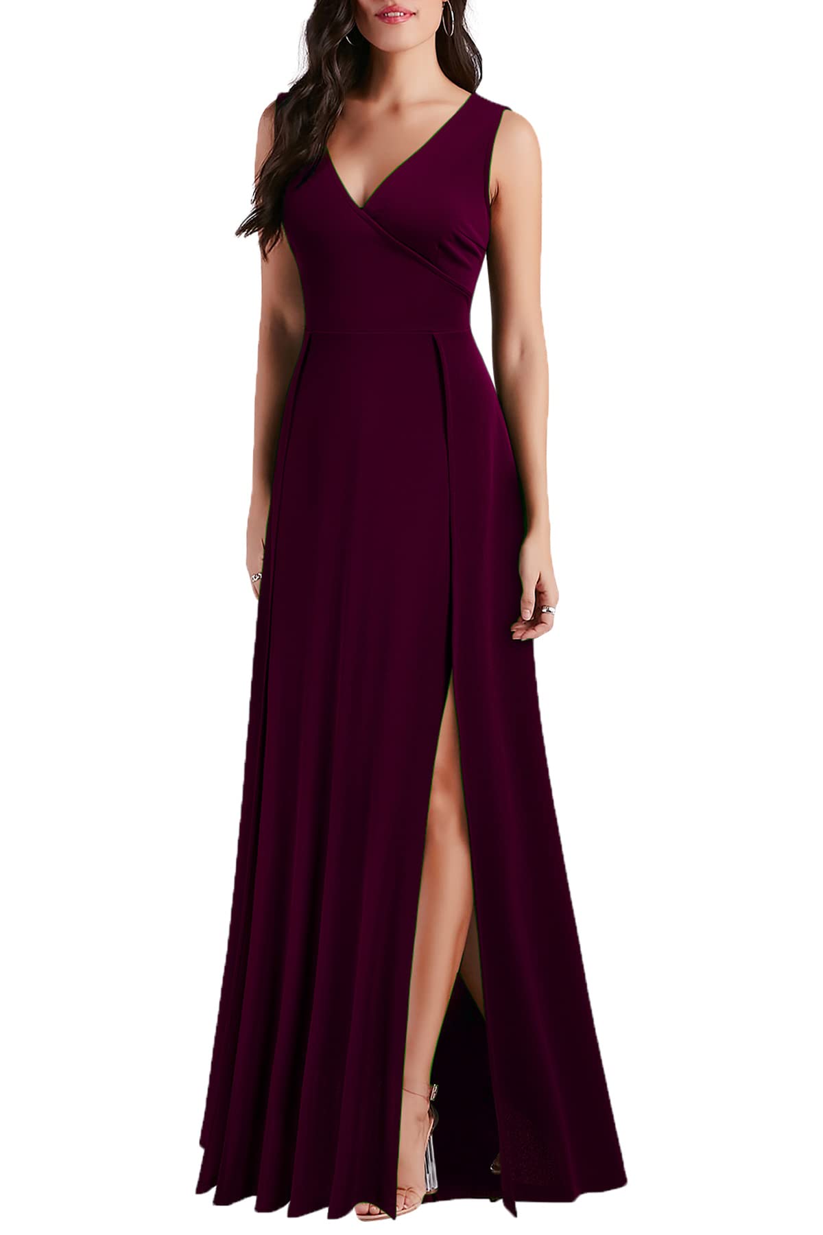 Burgundy Women's V Neck Sleeveless Split Formal Dress Cocktail Prom Long Dresses