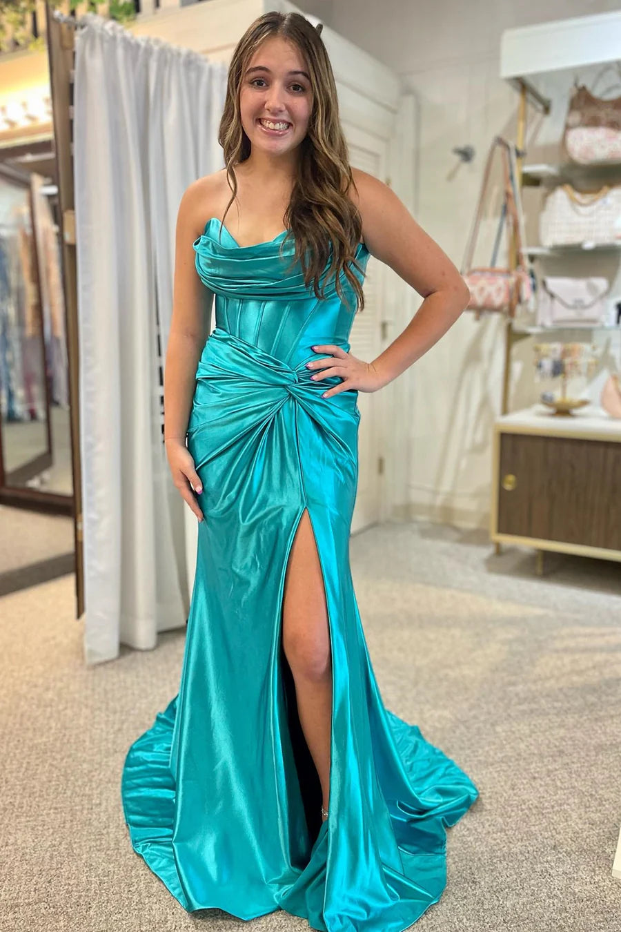 Strapless Twist-Front Mermaid Long Dress with Slit
