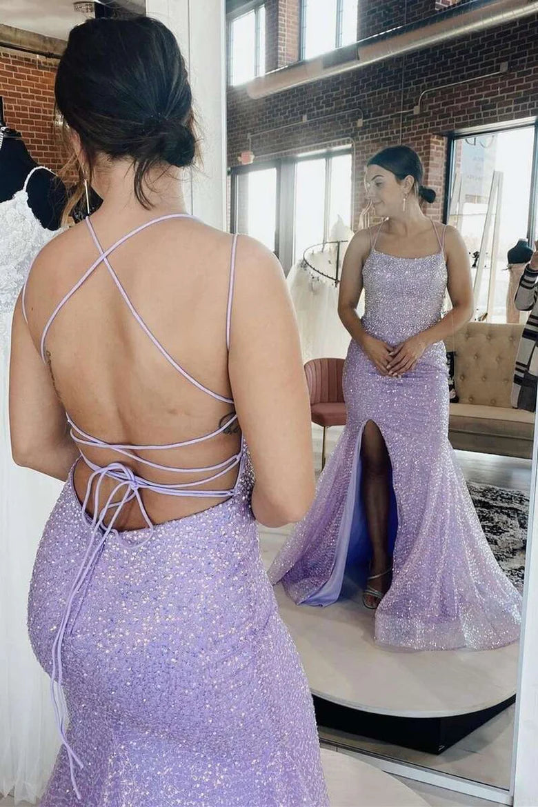 Sequins Square Lace-Up Back Mermaid Long Prom Dress