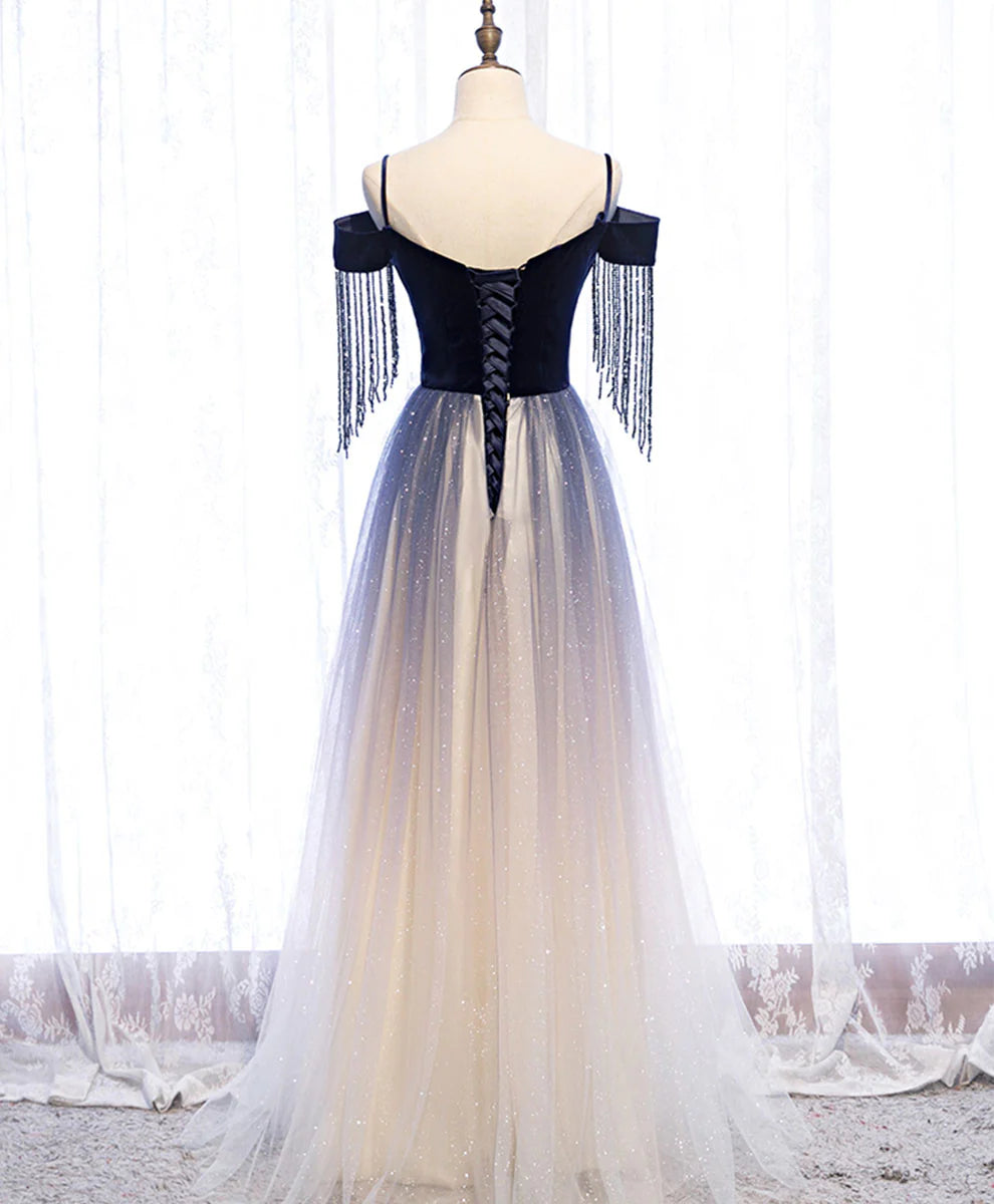 Tulle Long Prom Dress Blue Tulle Formal Dress with Beading Velvet