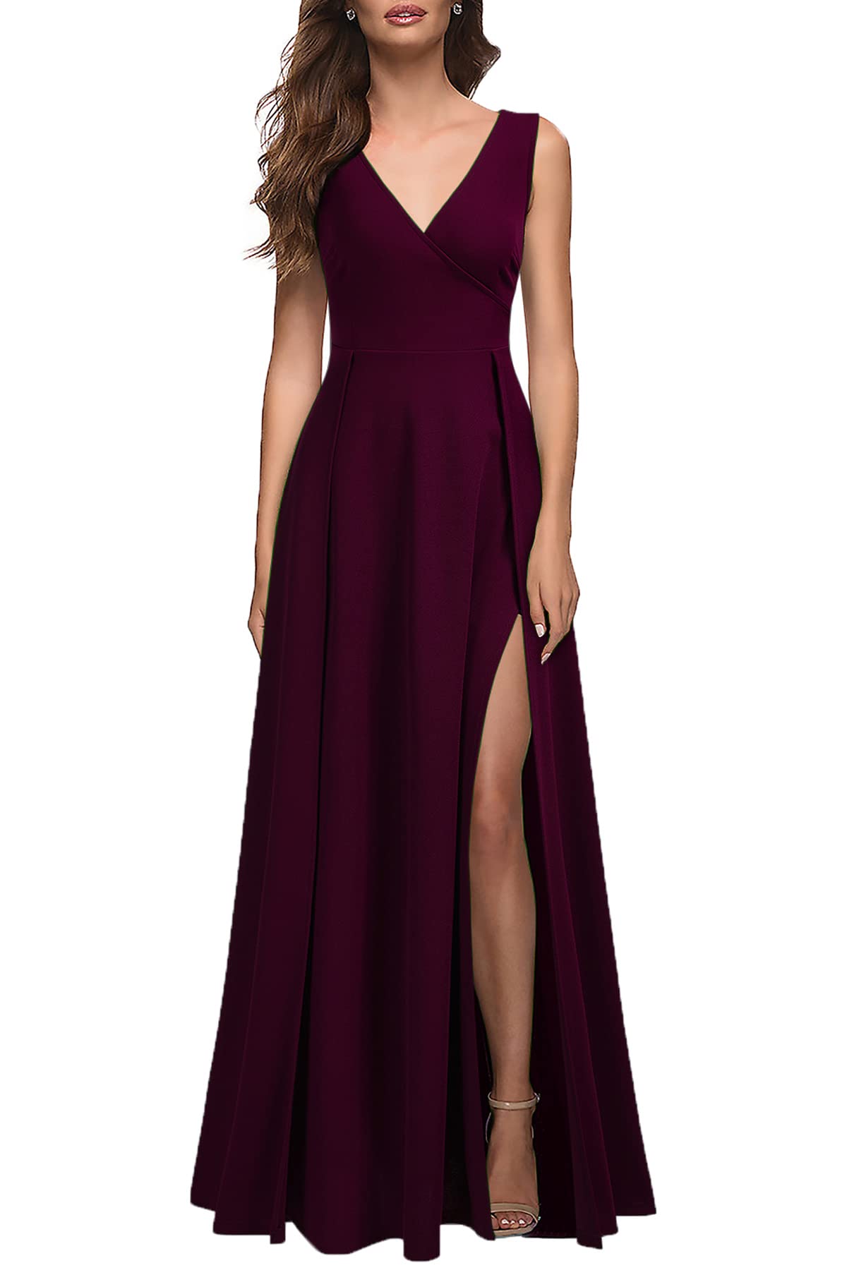 Burgundy Women's V Neck Sleeveless Split Formal Dress Cocktail Prom Long Dresses
