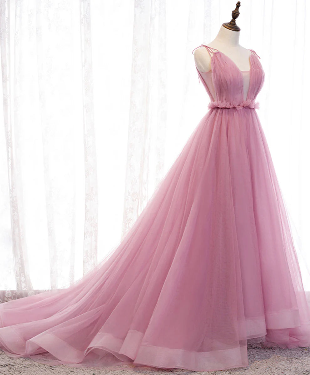 V Neck Long Prom Dress Aline Pink Formal Evening Dresses