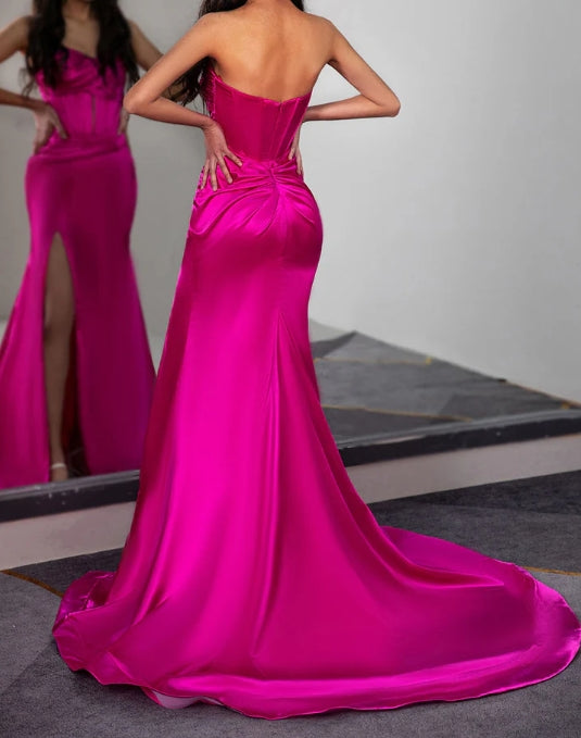 Fuchsia Strapless Ruched Prom Dress